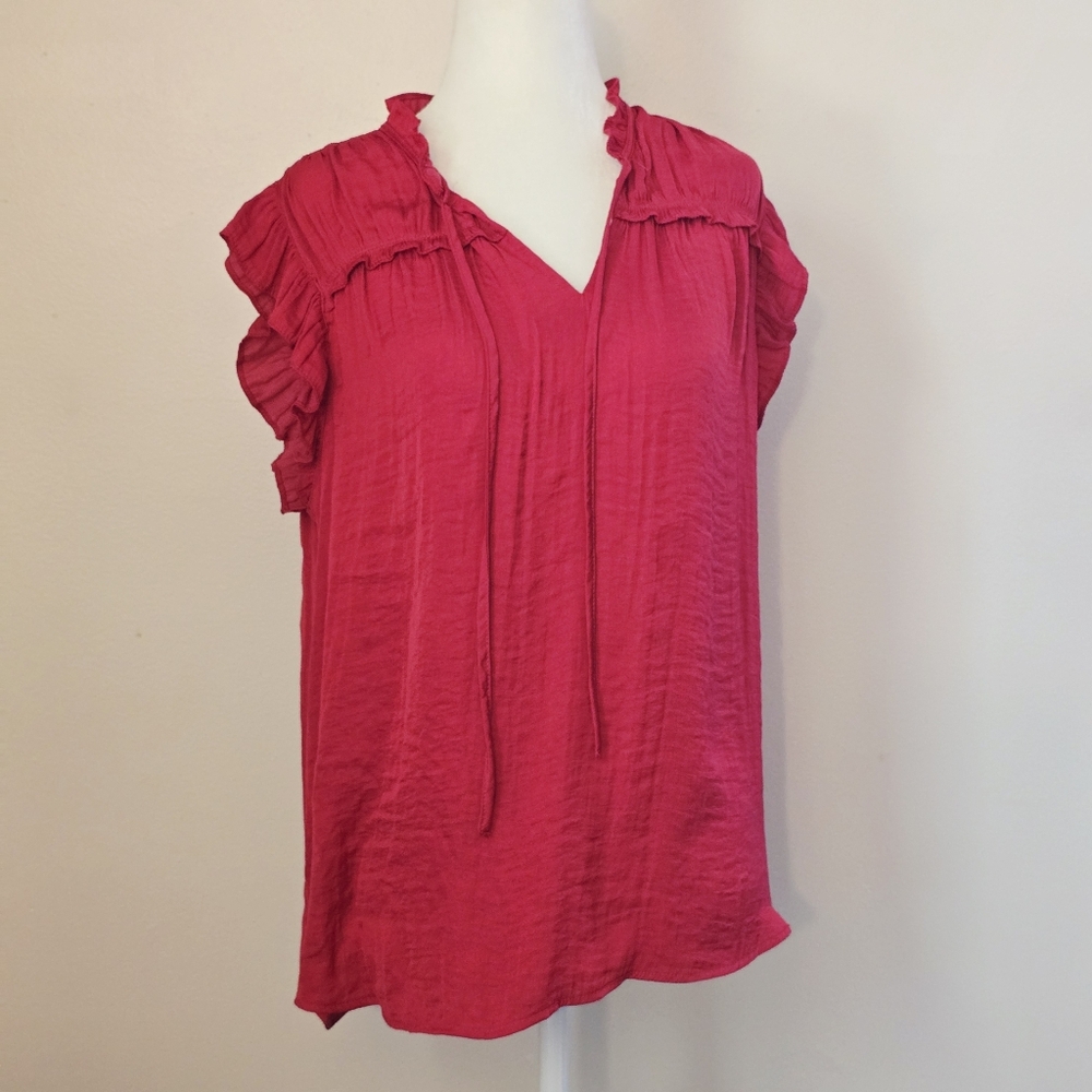 Jones New York Women's Medium Fuchsia Red Ruffle Sleeve Blouse